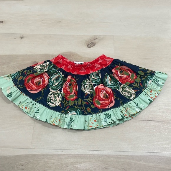 Other - EUC Girls 3T Melon Monkey Skirt. Rose Pattern. Green and Red. Multi Fabric.